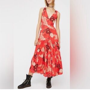 Free people sure thing Floral V-Neck Red Maxi Dress